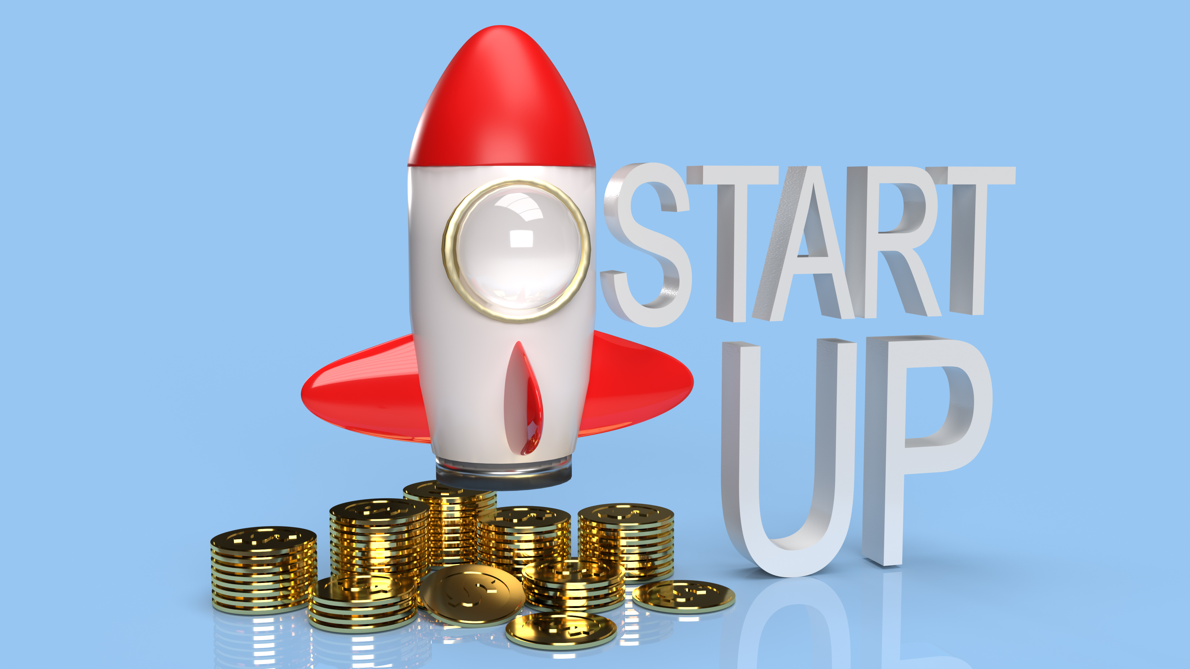 The rocket and gold coins 3d rendering for start up content.